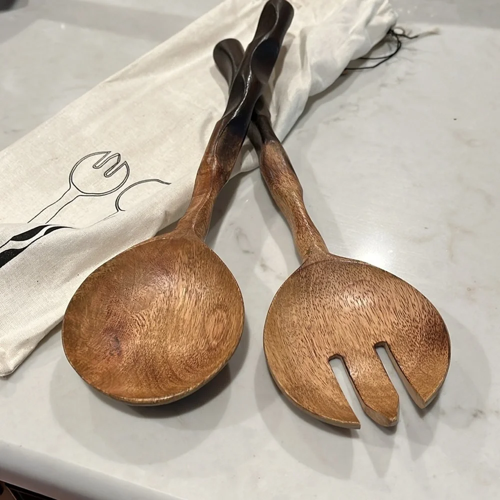 Natural & Espresso Mango Wood Salad Server Set with Drawstring Bag/NWT